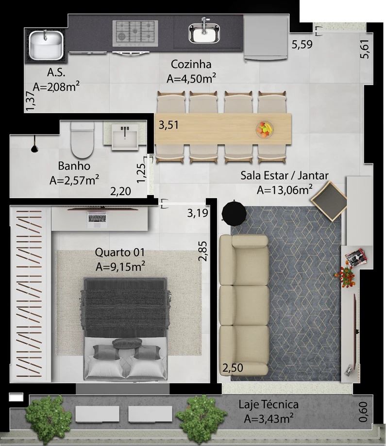 Planta Tipo C - Final 03 do Cult Oxford em Goiânia