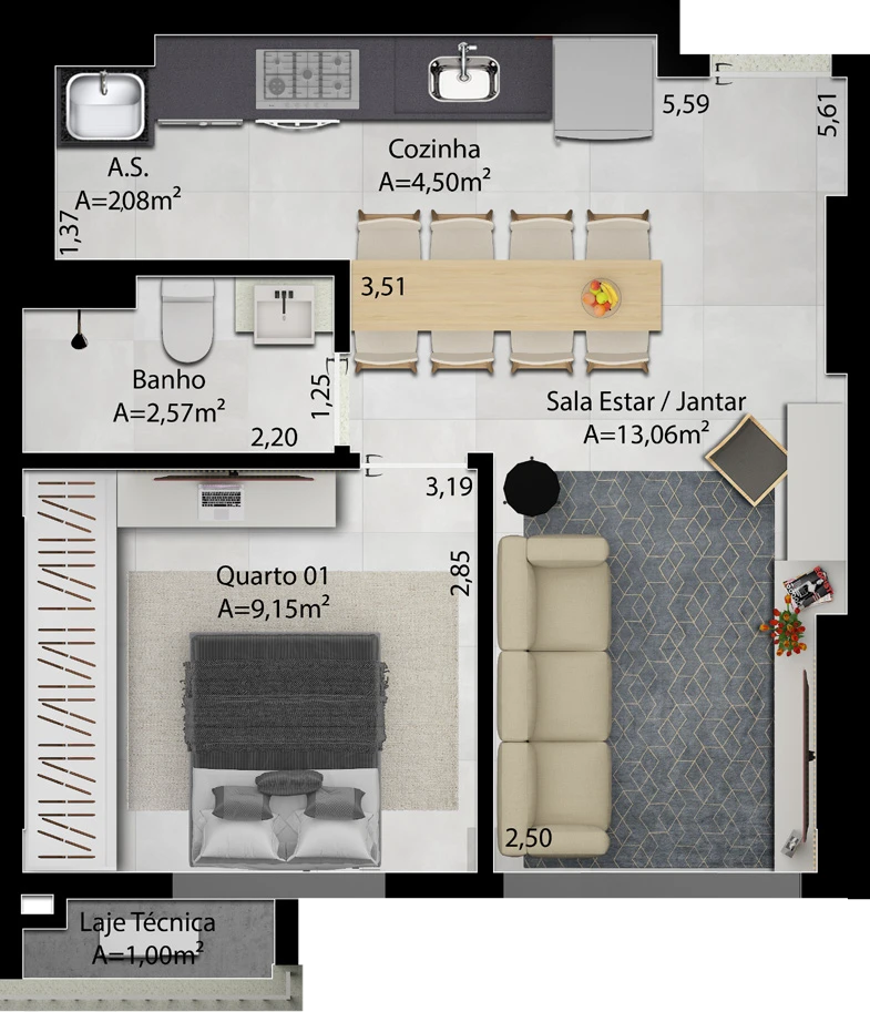 Planta Tipo A - Final 03 do Cult Oxford em Goiânia